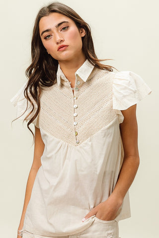 Hot Girl Buttoned Collared Neck Short Sleeve Linen Blouse In Ivory - Hot Girl Apparel