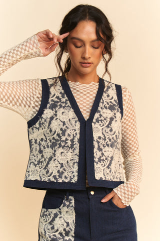 Hot Girl X Davi & Dani Lace Appliqué Open Front Denim Vest Top