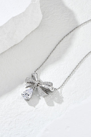 HGA Teardrop Bow Sterling Silver Zircon Pendant Necklace - Hot Girl Apparel