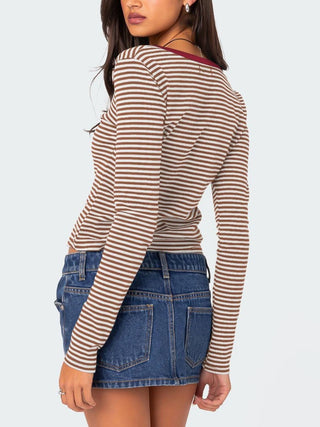 Hot Girl Striped Henley Long Sleeve T-Shirt