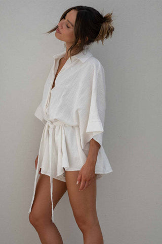 Hot Girl Tied Button Up Collared Neck Cotton Romper