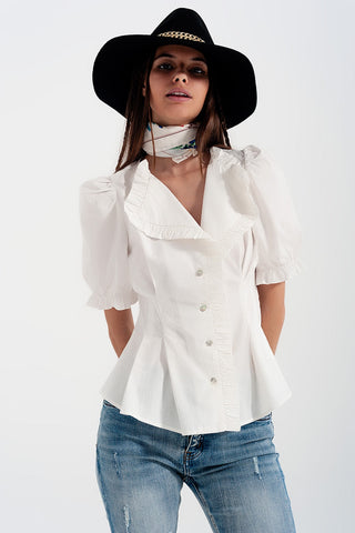 Hot Girl Poplin Frill Detail Wrap Short Sleeve Cotton Blouse In White