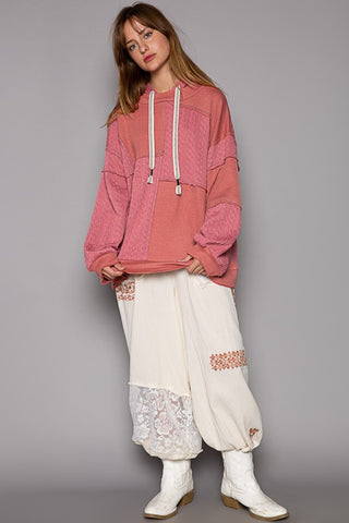 Hot Girl Exposed Seam Knit Hoodie In Coral Red