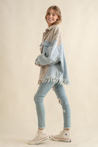 Hot Girl Tweed Mixed Denim Raw Hem Shacket