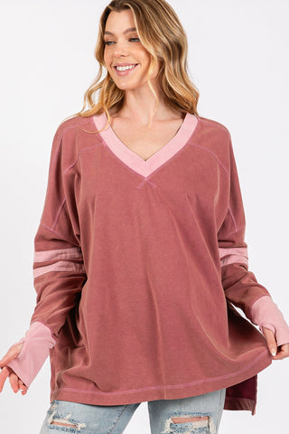 Hot Girl SAGE + FIG Mineral Wash Side Slit Contrast Long Sleeve T-Shirt In Marsala