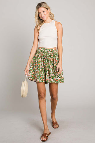 Hot Girl Cotton Bleu Floral Printed Smocked Waist Skort In Green - Hot Girl Apparel