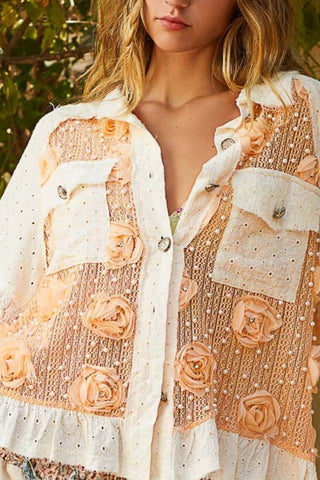 Hot Girl Eyelet Flower Pearl & Lace Patchwork Long Sleeve Shirt In Apricot