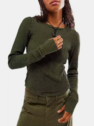 Hot Girl Exposed Seam Waffle Knit Fitted Long Sleeve T-Shirt