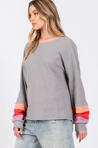 Hot Girl SAGE + FIG Color Block Waffle Knit Long Sleeve T-Shirt In Grey