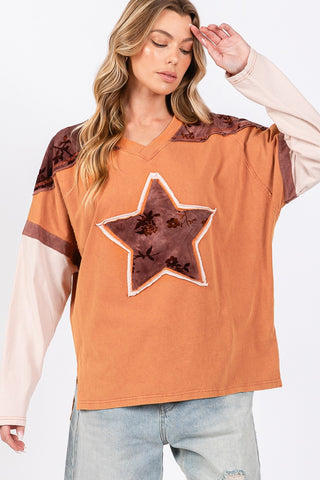 Hot Girl SAGE + FIG All Star Patch Color Block Long Sleeve T-Shirt In Rust