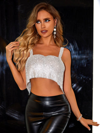 Hot Girl Backless Square Neck Rhinestone Sparkle Top In Silver - Hot Girl Apparel