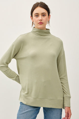 Hot Girl Be Cool Side Slit Mock Neck Long Sleeve Tunic Top In Sage