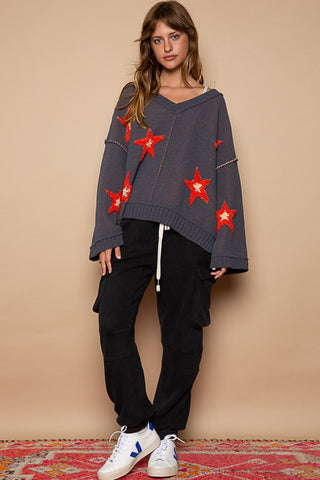 Hot Girl Star Sign Exposed Seam Sweater In Charcoal