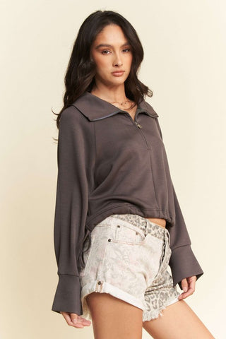 Hot Girl X Davi & Dani Drawstring Hem Half Zip Raglan Sleeve Sweatshirt In Brown