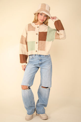 Hot Girl Funky Town Color Block Textured Cotton Cardigan In Oatmeal