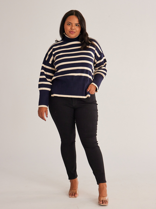 Hot Girl Striped Turtleneck Side Slit Sweater