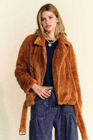 Hot Girl X Davi & Dani Fuzzy Zip Up Collared Neck Jacket In Camel