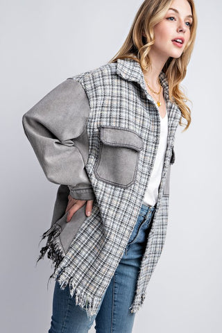 Hot Girl Tweed Mixed Denim Raw Hem Shacket