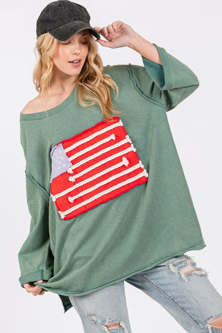 Hot Girl SAGE + FIG American Flag Open Stitch Cotton Long Sleeve T-Shirt In Green