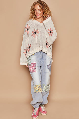 Hot Girl Floral Hooded High-Low Sweater In Cream