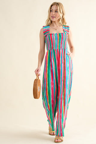 Hot Girl The Why Striped Smocked Sleeveless Jumpsuit