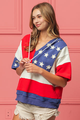 Hot Girl American Flag Theme Short Sleeve Hoodie