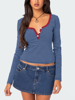 Hot Girl Striped Henley Long Sleeve T-Shirt