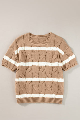 Hot Girl Striped Cable-Knit Cotton Blend Short Sleeve Sweater In Tan