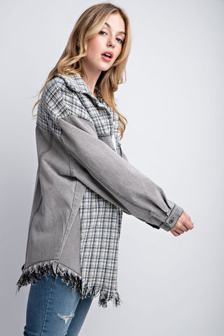 Hot Girl Tweed Mixed Denim Raw Hem Shacket