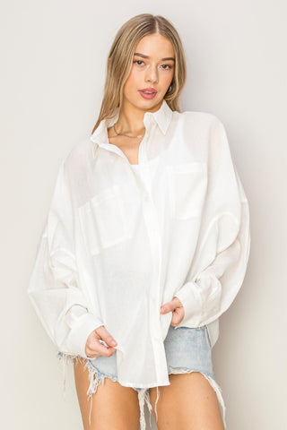 Hot Girl HYFVE Button Up Drop Shoulder Sheer Cotton Long Sleeve Shirt In White