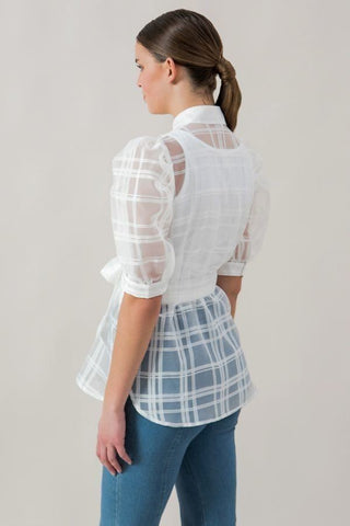 Hot Girl Checkered Mesh Organza Short Sleeve Blouse In White