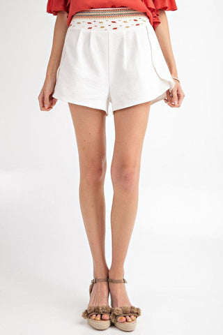 Hot Girl Embroidered Waist High Rise Cotton Shorts In Ivory