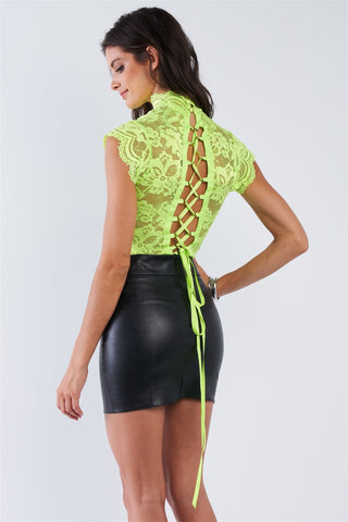Hot Girl Short Sleeve Lace Corset Back Bodysuit In Neon Green