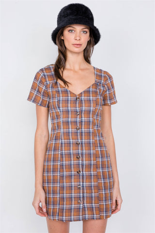 Hot Girl Brown Checkered Open Back Vintage Mini Dress - Hot Girl Apparel