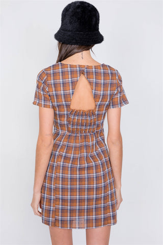 Hot Girl Brown Checkered Open Back Vintage Mini Dress - Hot Girl Apparel