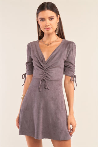 Hot Girl Suede Deep Plunge Gathered Detail Mini Dress In Charcoal - Hot Girl Apparel