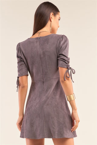 Hot Girl Suede Deep Plunge Gathered Detail Mini Dress In Charcoal - Hot Girl Apparel