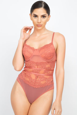 Hot Girl Marsala Sheer Lace Padded Bodysuit