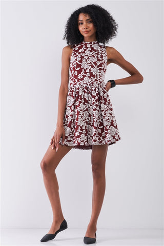 Hot Girl Floral Crew Neck Sleeveless Fitted Mini Dress In Burgundy & White - Hot Girl Apparel