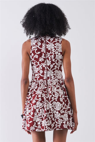 Hot Girl Floral Crew Neck Sleeveless Fitted Mini Dress In Burgundy & White - Hot Girl Apparel