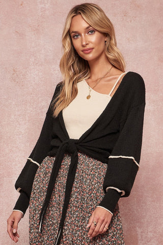 Hot Girl Contrast Seam Textured Tied Cardigan Sweater In Black