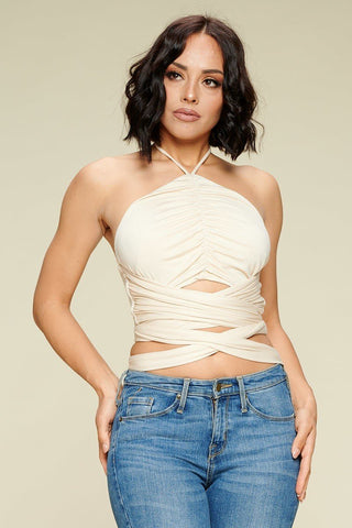 Hot Girl Wrap Cropped Halter Top In Cream - Hot Girl Apparel