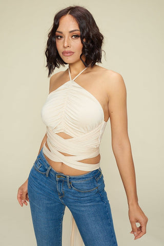 Hot Girl Wrap Cropped Halter Top In Cream - Hot Girl Apparel