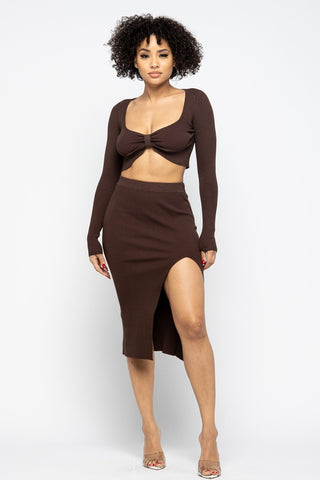 Hot Girl Coco High Slit Skirt Two Piece Set In Chocolate Brown