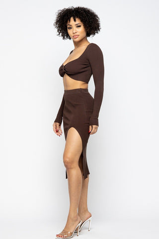 Hot Girl Coco High Slit Skirt Two Piece Set In Chocolate Brown - Hot Girl Apparel