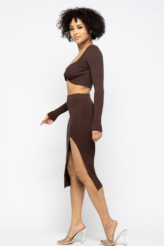 Hot Girl Coco High Slit Skirt Two Piece Set In Chocolate Brown - Hot Girl Apparel