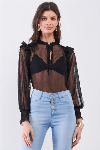 Hot Girl Sheer Lace Polka Dot Frill Trim Long Sleeve Bodysuit In Black