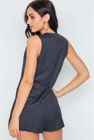 Hot Girl Down To Business Pinstriped Button Down Sleeveless Romper In Navy