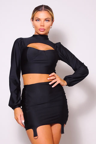 Hot Girl Long Sleeve Mock Neck Top & Garter Mini Skirt Set In Black