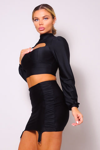 Hot Girl Long Sleeve Mock Neck Top & Garter Mini Skirt Set In Black